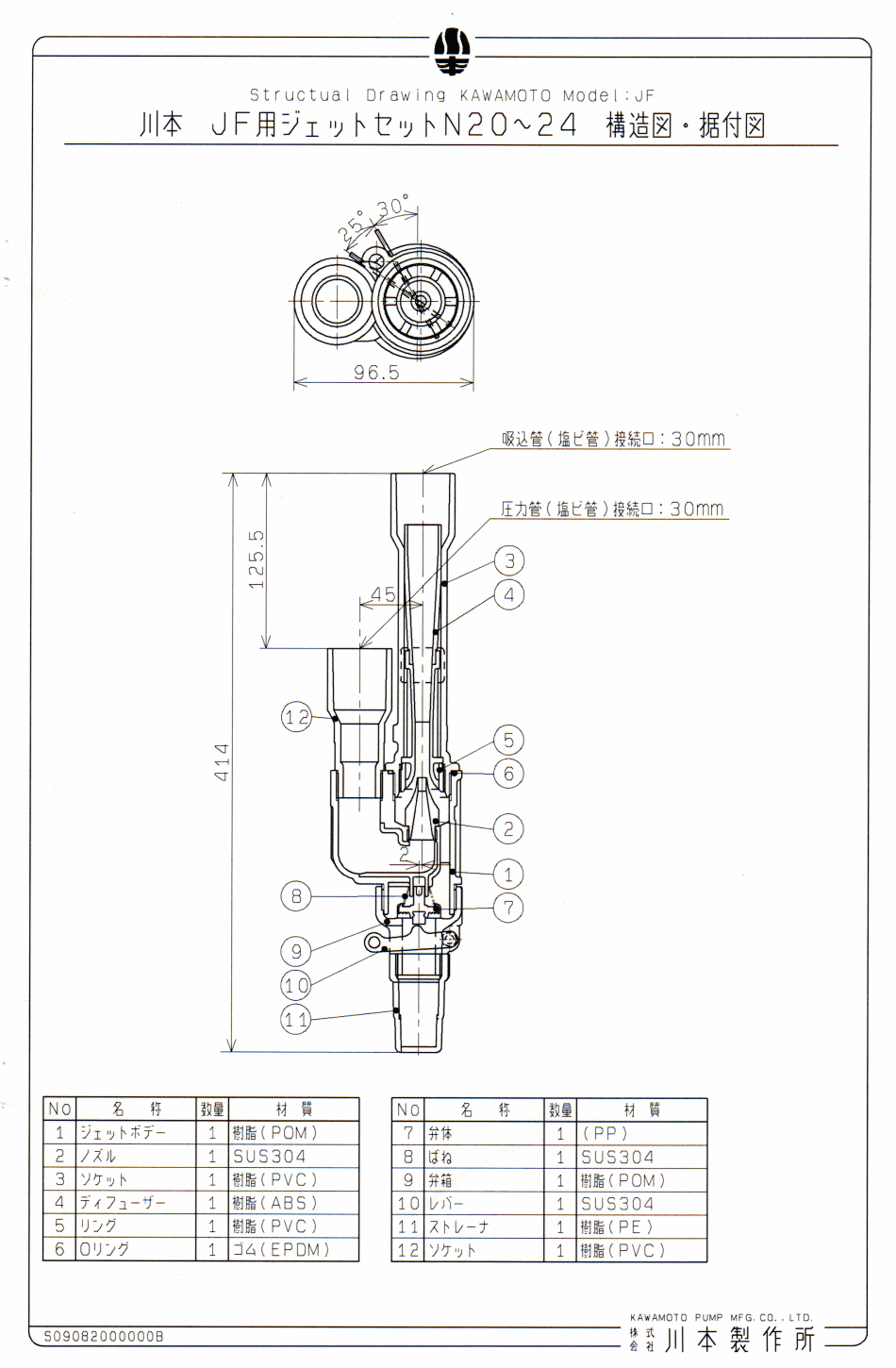 川本深井戸用ポンプのジェット部 N20～N24 構造図 N30～N34 構造図